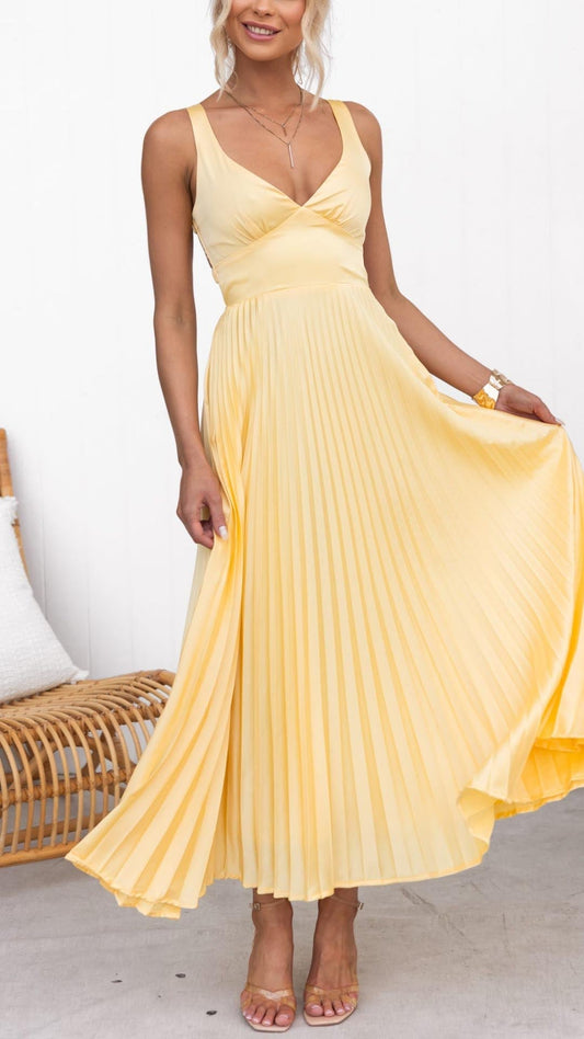 Damen Kleid | V-Ausschnitt Plissee Maxi