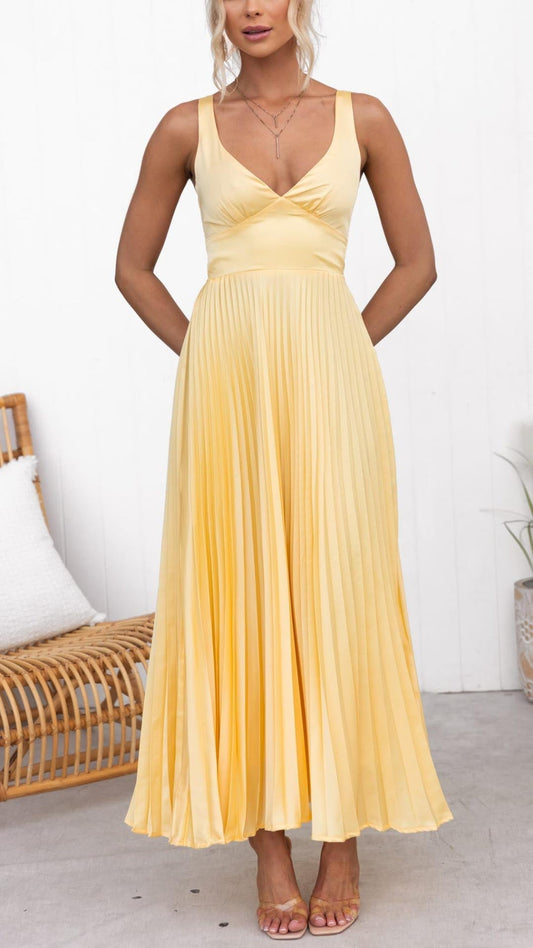 Damen Kleid | V-Ausschnitt Plissee Maxi
