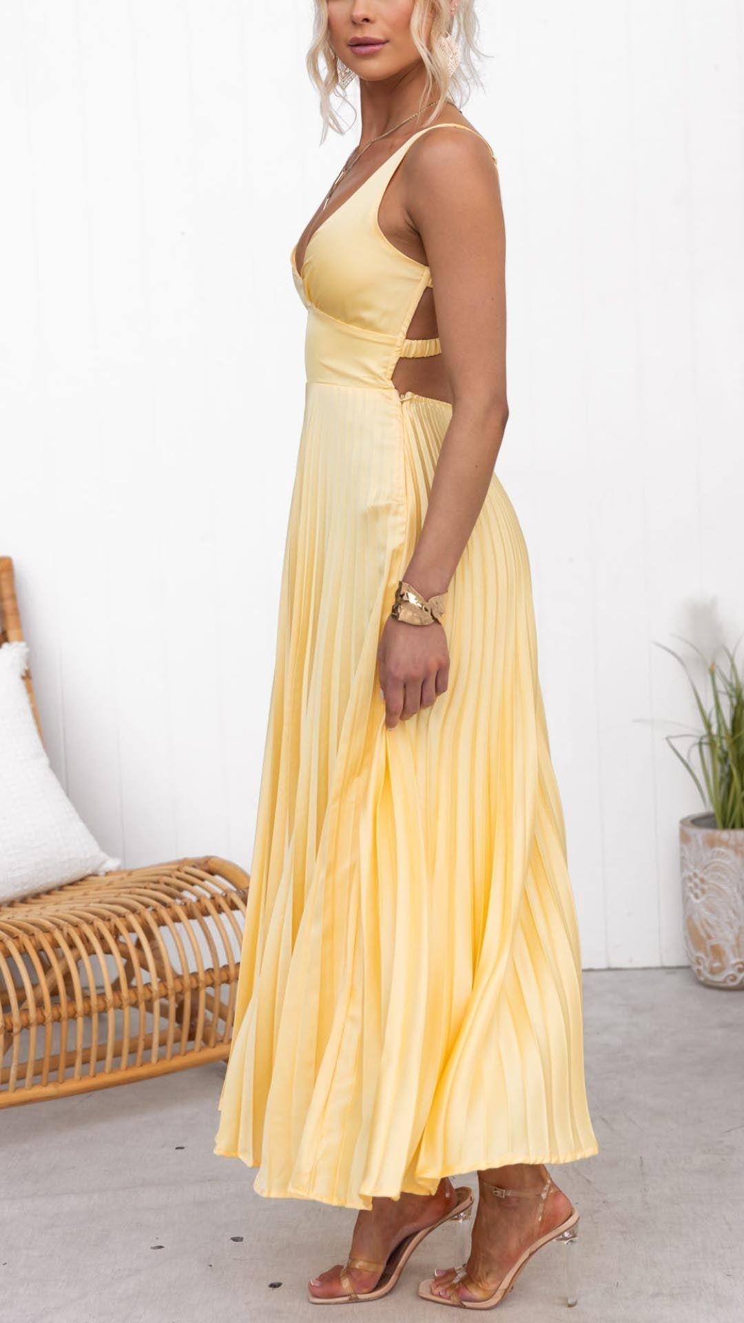 Damen Kleid | V-Ausschnitt Plissee Maxi