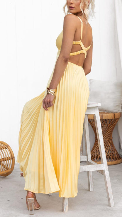 Damen Kleid | V-Ausschnitt Plissee Maxi