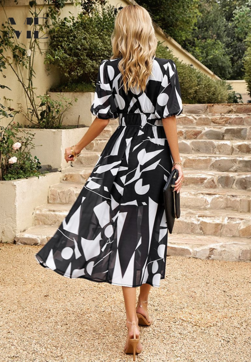 Damen Kleid | V-Ausschnitt Puffärmel Midi