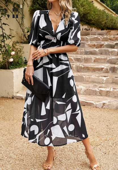 Damen Kleid | V-Ausschnitt Puffärmel Midi