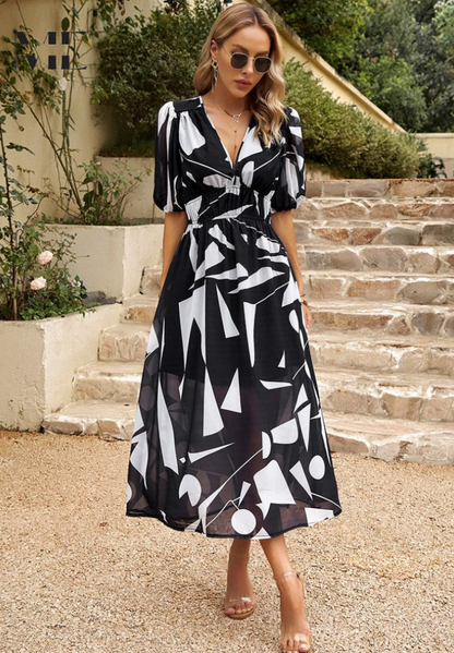 Damen Kleid | V-Ausschnitt Puffärmel Midi