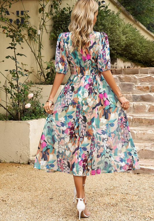 Damen Kleid | V-Ausschnitt Puffärmel Midi
