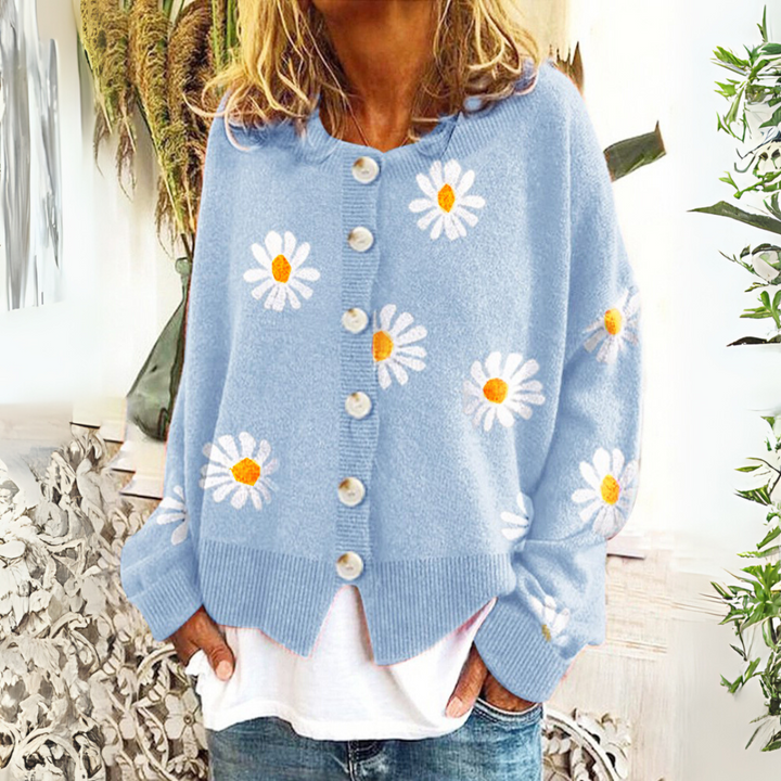 Pullover Damen Blumenmuster | Mit Knopfverschluss