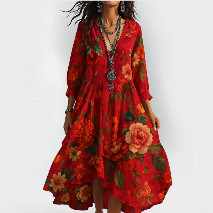Damen Kleid | Blumenmuster Langarm V-Ausschnitt