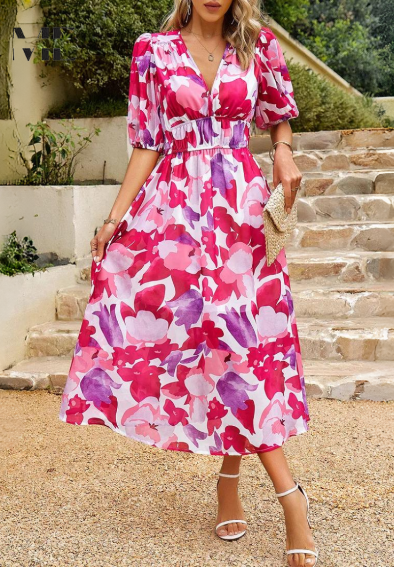 Damen Kleid | V-Ausschnitt Puffärmel Midi