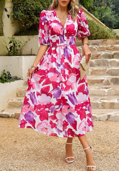 Damen Kleid | V-Ausschnitt Puffärmel Midi