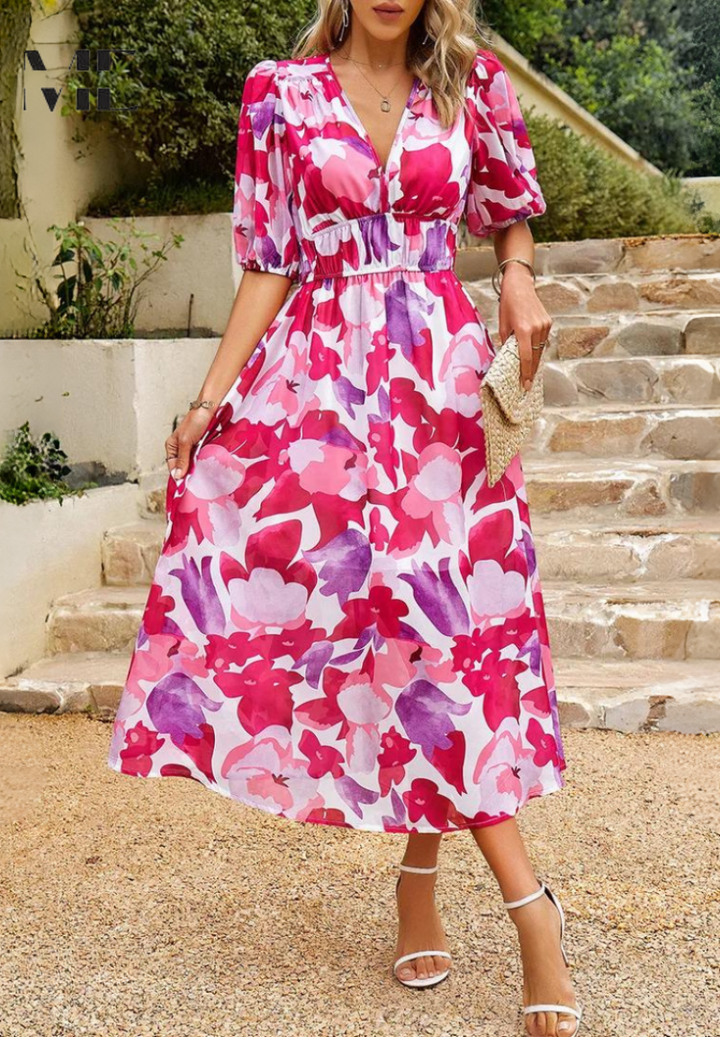 Damen Kleid | V-Ausschnitt Puffärmel Midi