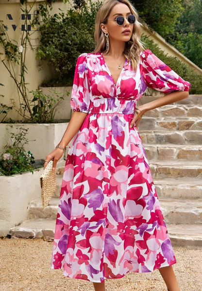 Damen Kleid | V-Ausschnitt Puffärmel Midi
