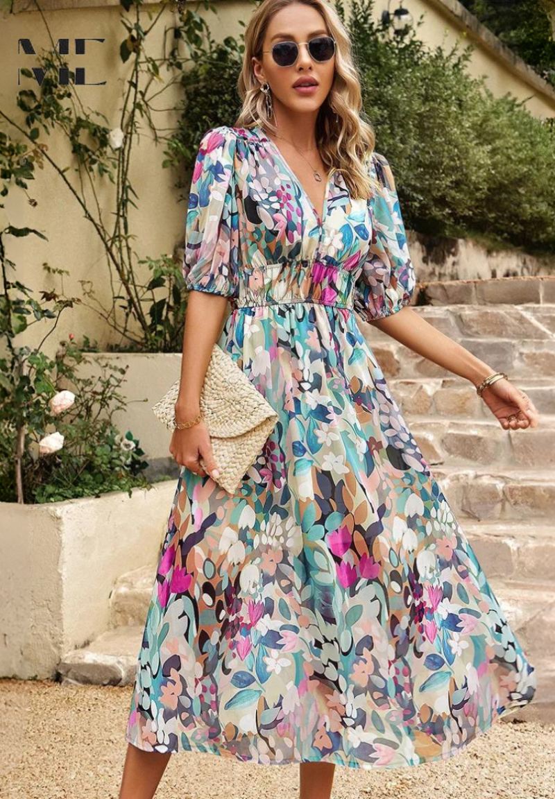 Damen Kleid | V-Ausschnitt Puffärmel Midi