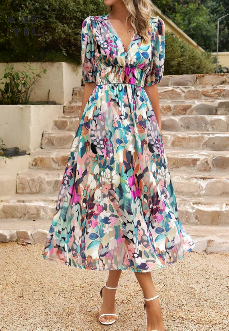 Damen Kleid | V-Ausschnitt Puffärmel Midi