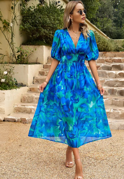 Damen Kleid | V-Ausschnitt Puffärmel Midi