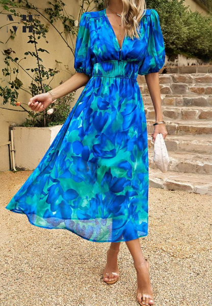 Damen Kleid | V-Ausschnitt Puffärmel Midi