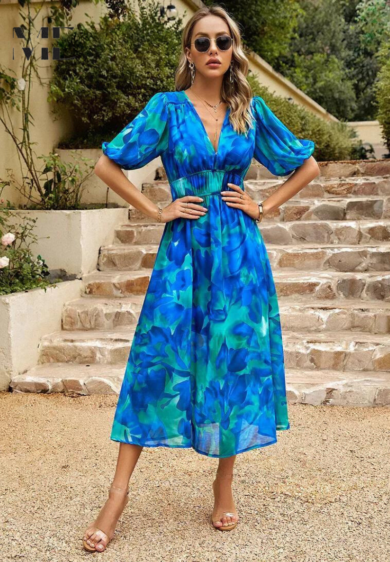 Damen Kleid | V-Ausschnitt Puffärmel Midi