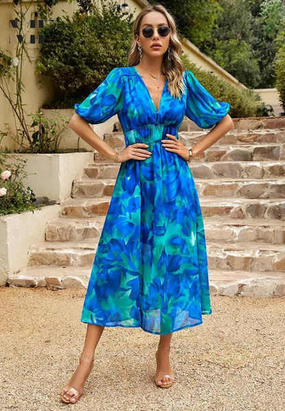 Damen Kleid | V-Ausschnitt Puffärmel Midi