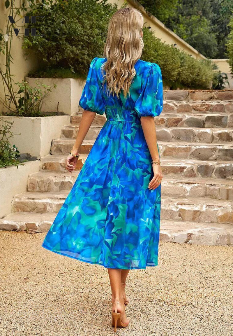 Damen Kleid | V-Ausschnitt Puffärmel Midi