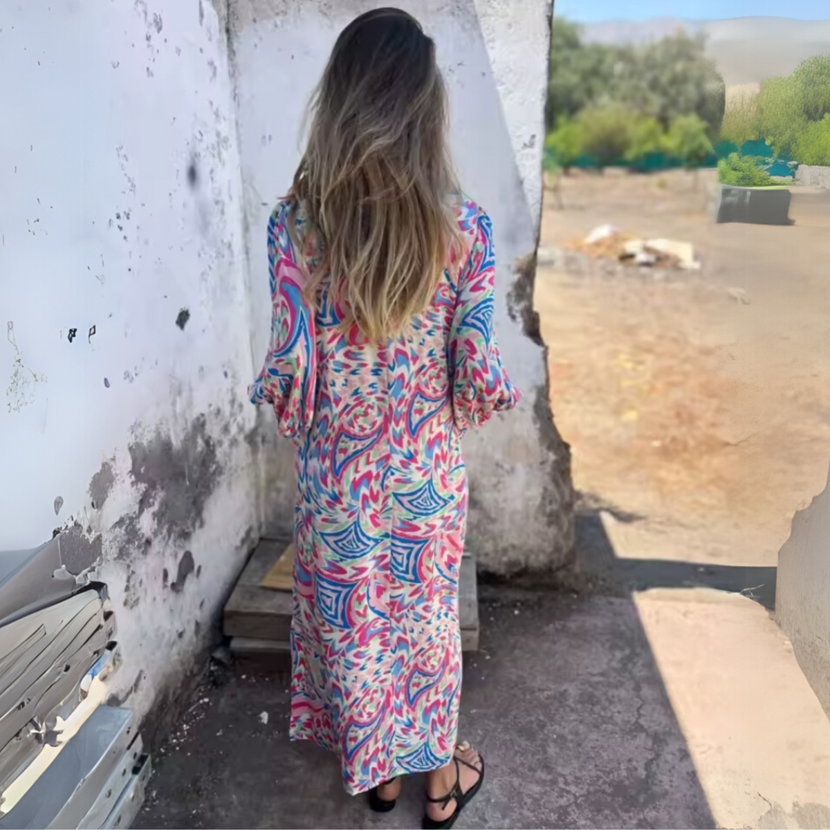 Damen Kleid | V-Ausschnitt Muster Maxi