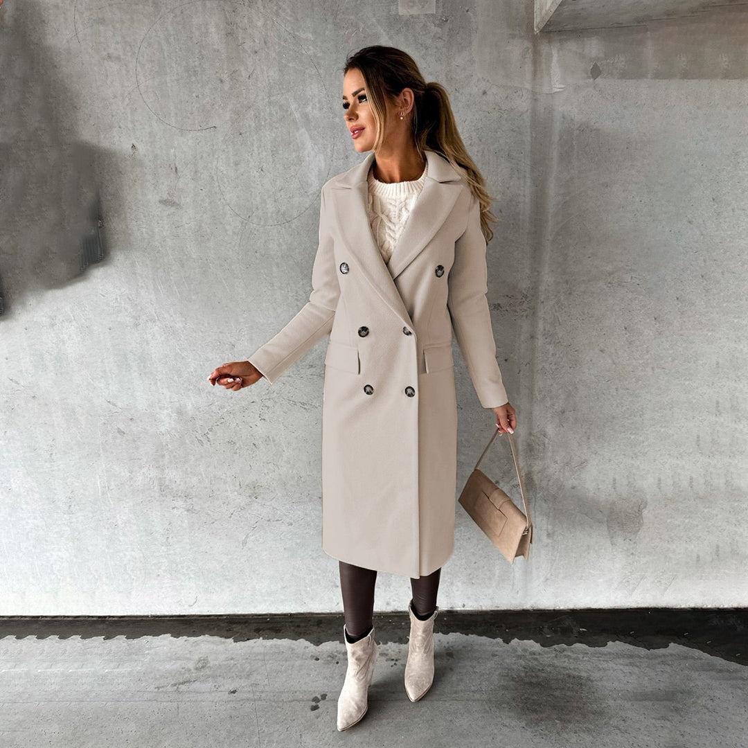 Damen Eleganter Doppelreihiger Mantel | Langer Reverskragen