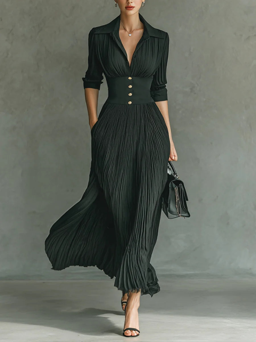 Damen Kleid | Reverskragen Plissee Maxi