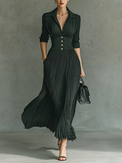 Damen Kleid | Reverskragen Plissee Maxi