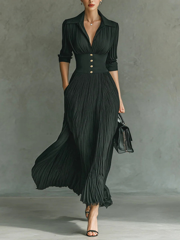 Damen Kleid | Reverskragen Plissee Maxi