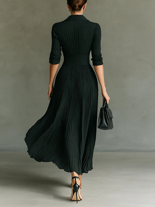 Damen Kleid | Reverskragen Plissee Maxi