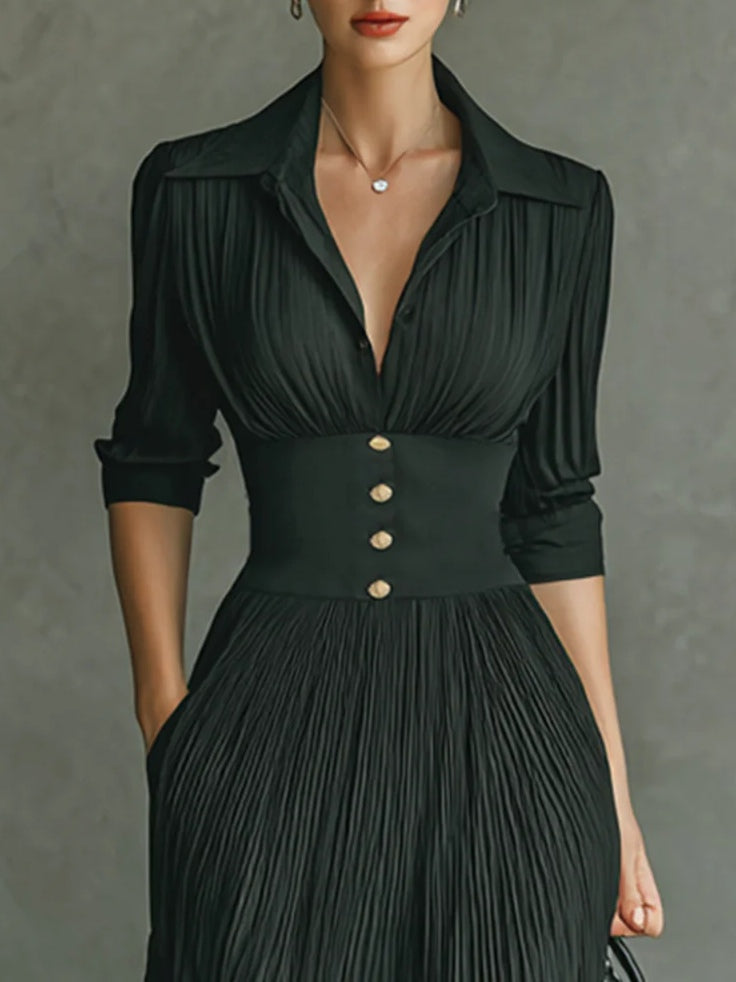 Damen Kleid | Reverskragen Plissee Maxi