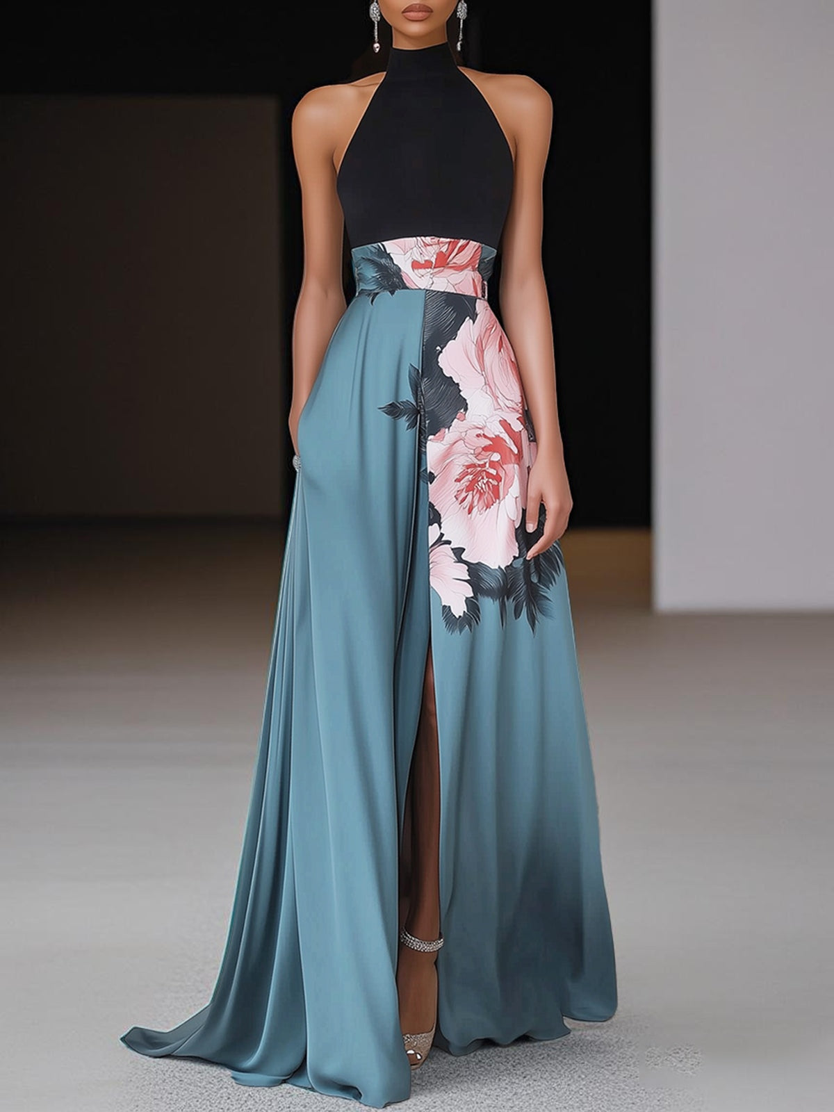 Damen Abendkleid | Halter Schlitz Blumen