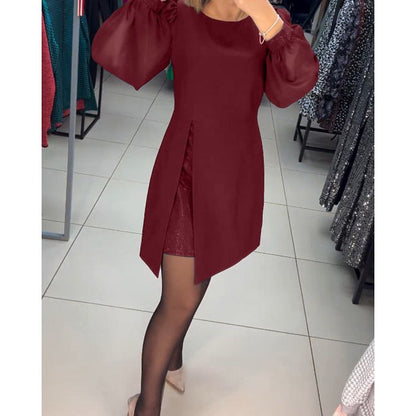 Damen Kleid | Rundhals Ballonärmel Kurz