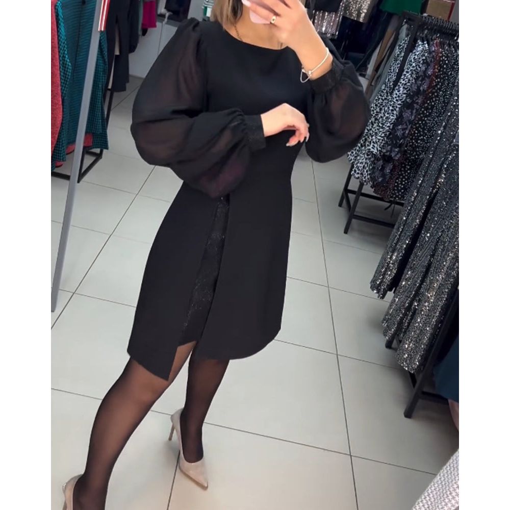 Damen Kleid | Rundhals Ballonärmel Kurz
