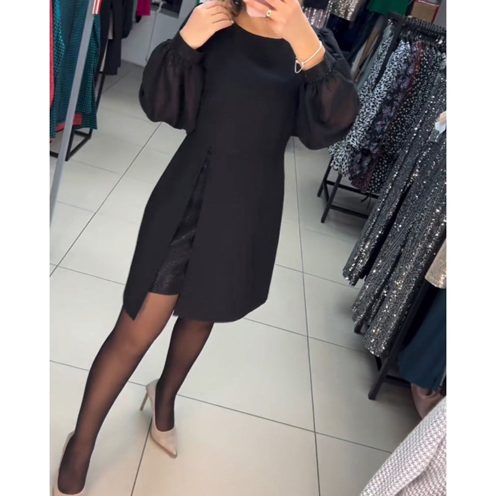 Damen Kleid | Rundhals Ballonärmel Kurz