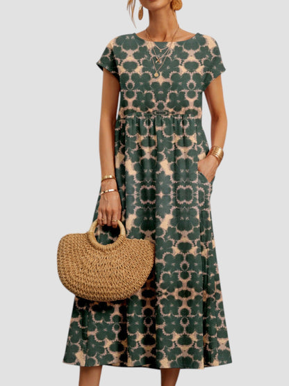 Damen Kleid | Blumenmuster Kurzarm Midi