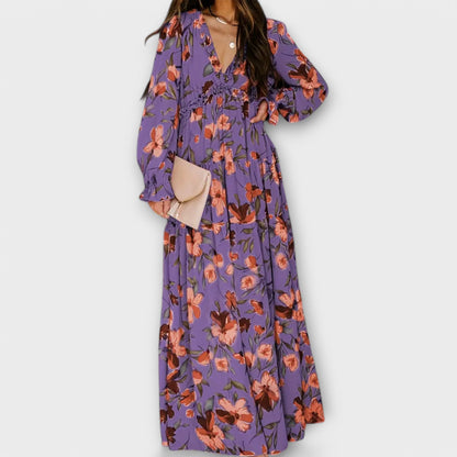 Damen Kleid | Blumenmuster V-Ausschnitt Langarm