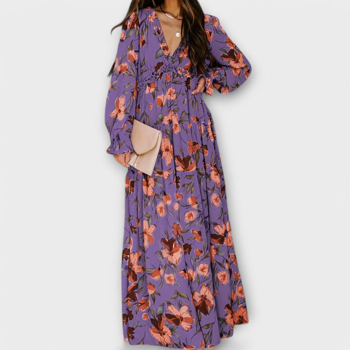 Damen Kleid | Blumenmuster V-Ausschnitt Langarm