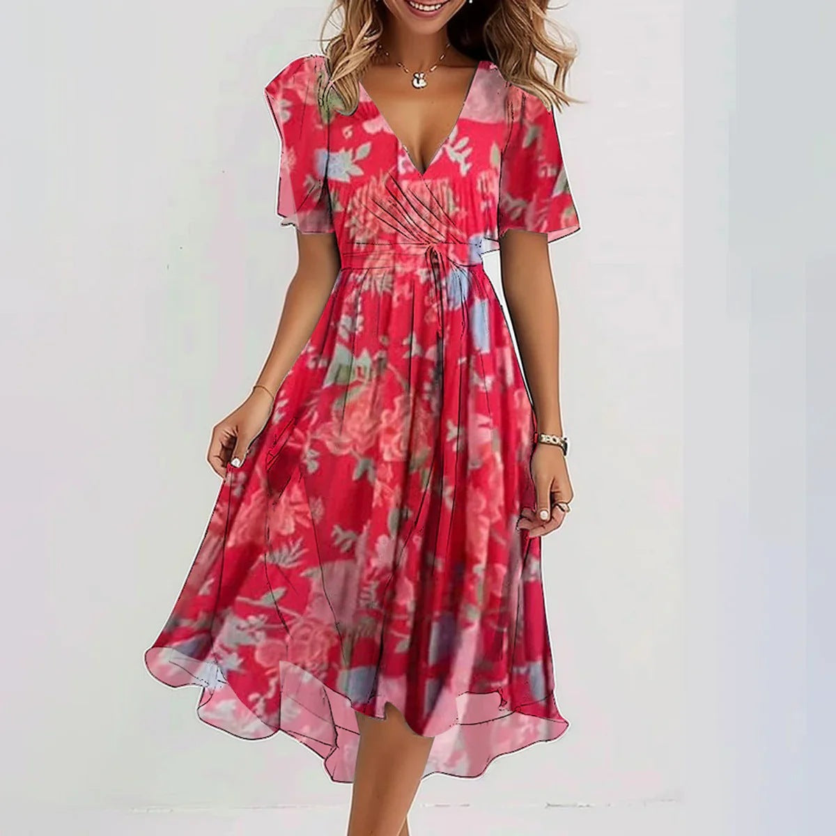 Damen Kleid | Wickel Print Sommer Midi