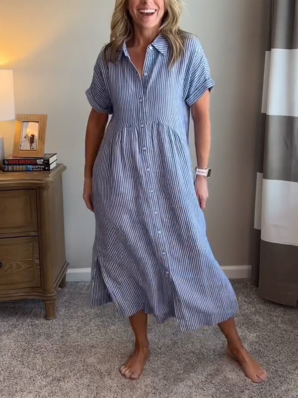 Damen Kleid | Gestreiftes Knopfleiste Midi