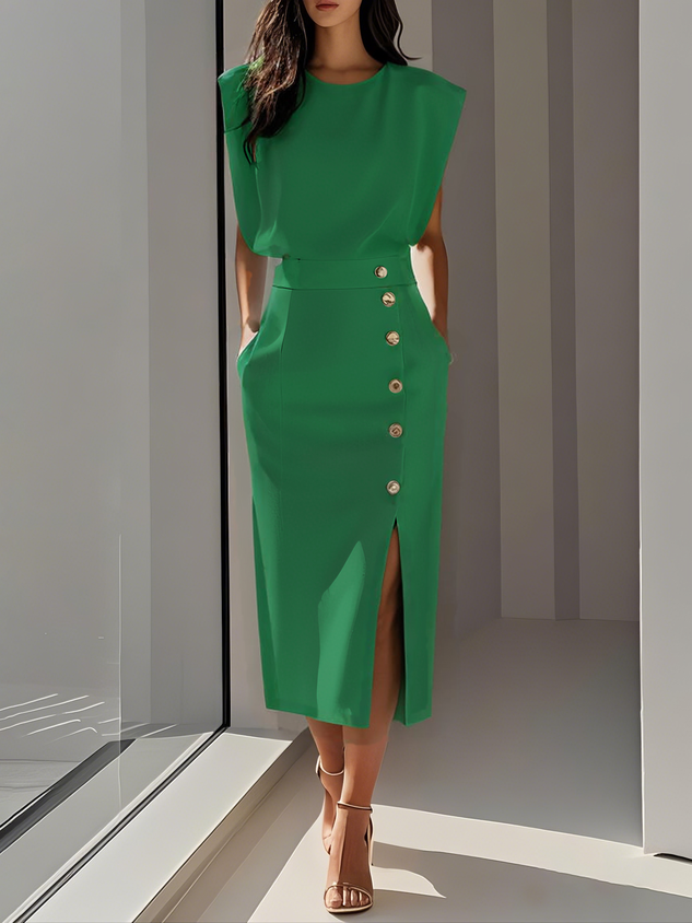 Damen Kleid | Ärmelloses Midi mit Knöpfen