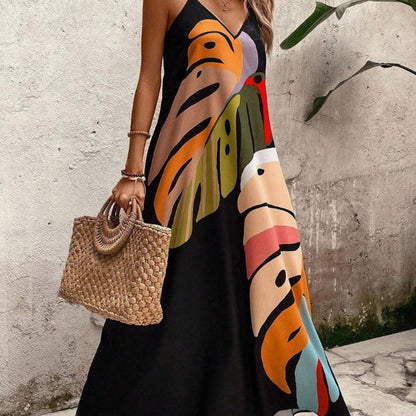 Damen Kleid | Kurzarm Blätterprint Maxi