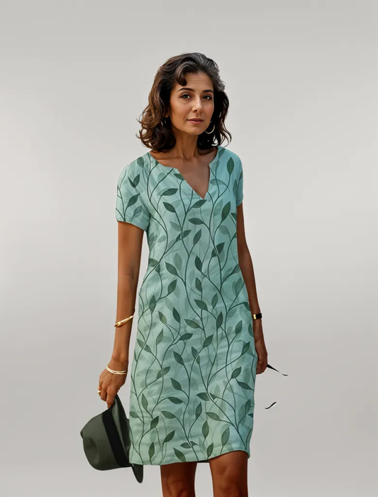 Damen Kleid | Blattmuster V-Ausschnitt Mini