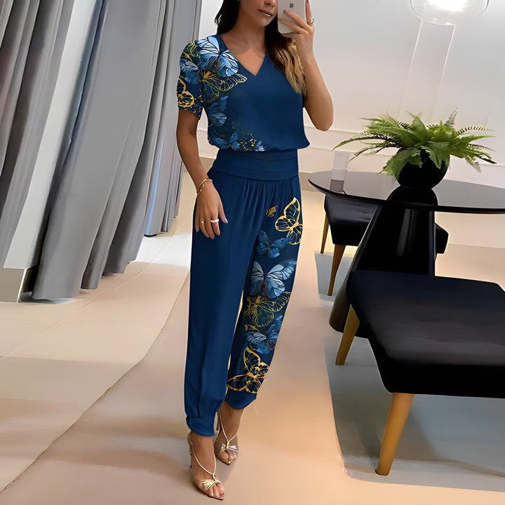 Damen Zweiteiler | V-Ausschnitt Bluse und Hose Set