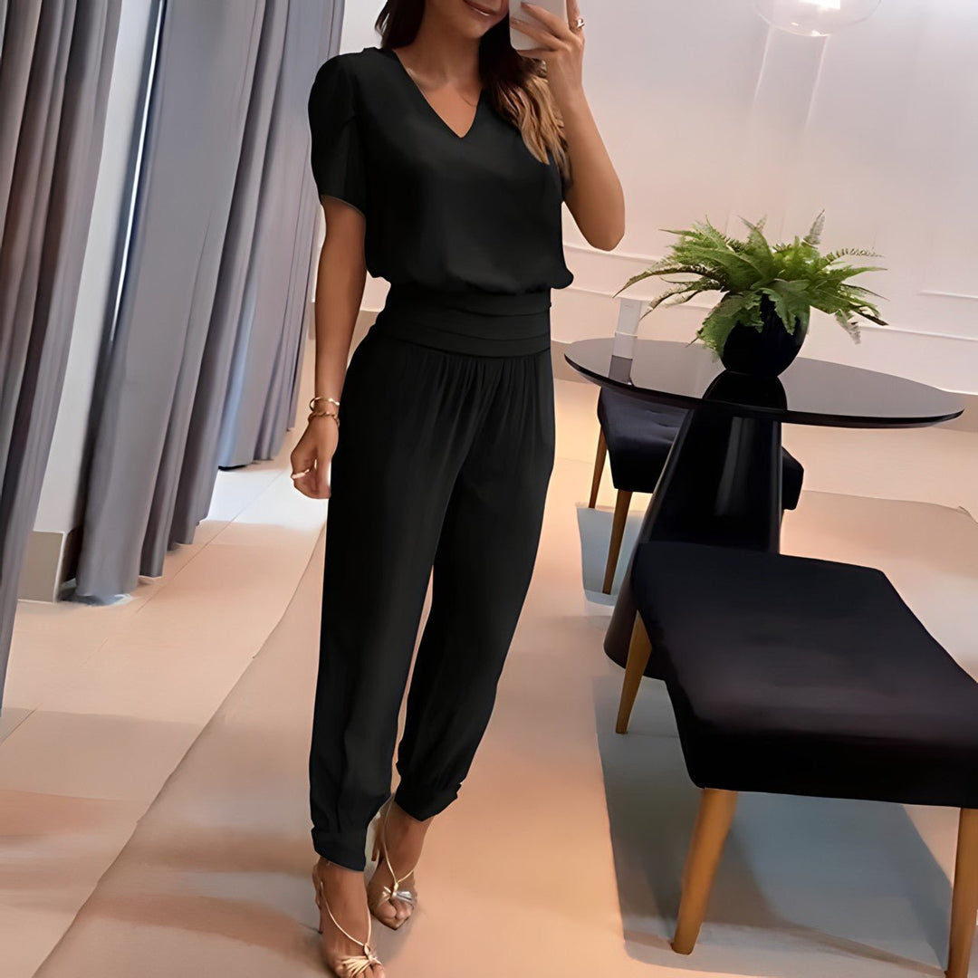 Damen Zweiteiler | V-Ausschnitt Bluse und Hose Set