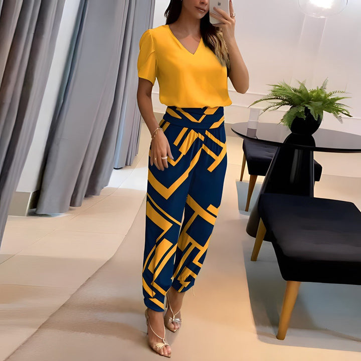 Damen Zweiteiler | V-Ausschnitt Bluse und Hose Set