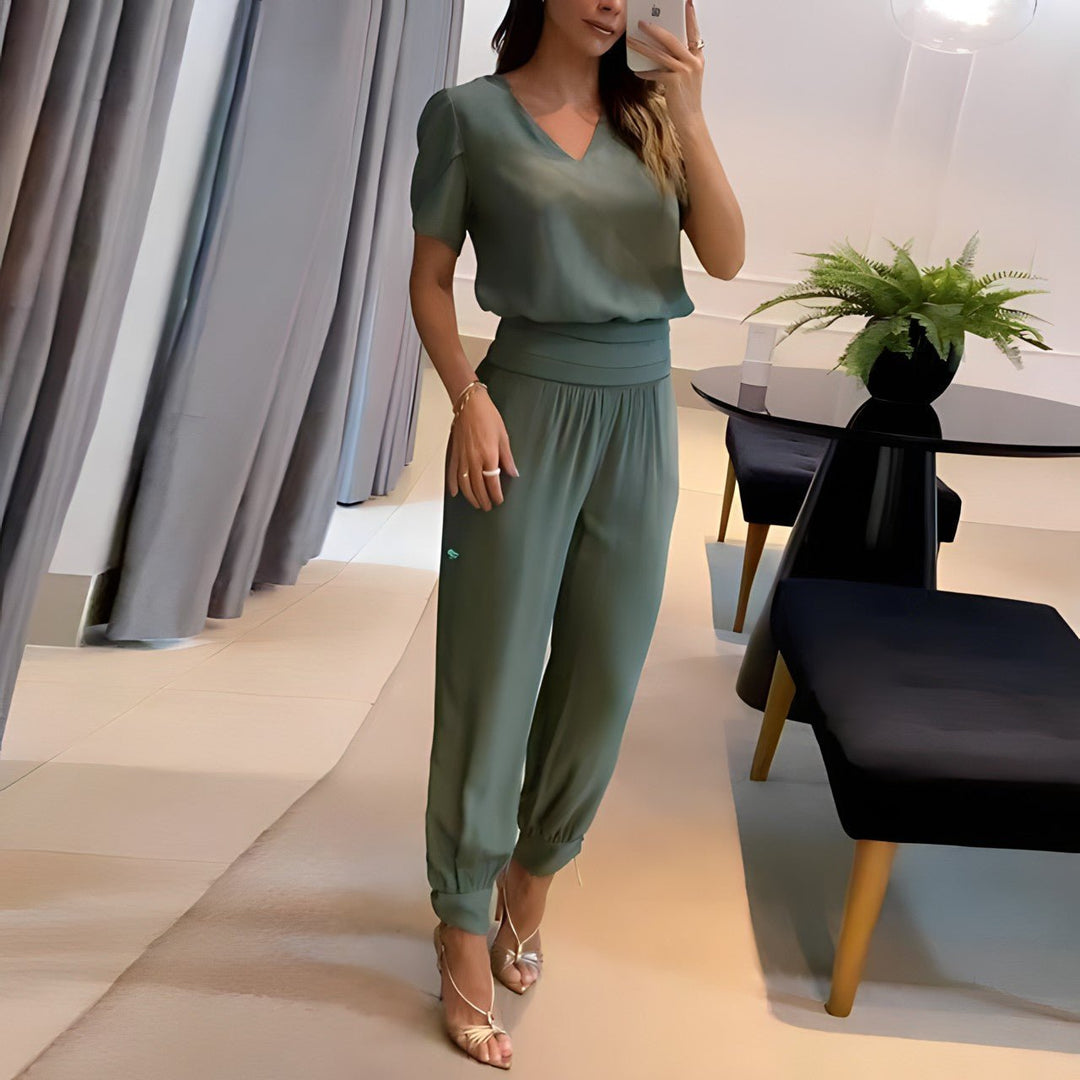 Damen Zweiteiler | V-Ausschnitt Bluse und Hose Set