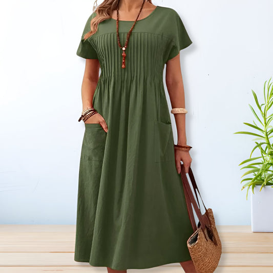Damen Kleid | Falten Rundhals Midi