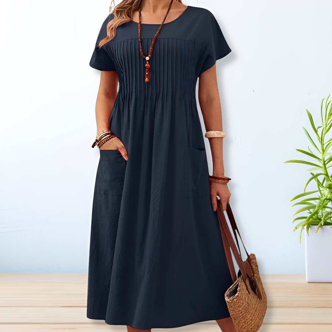 Damen Kleid | Falten Rundhals Midi