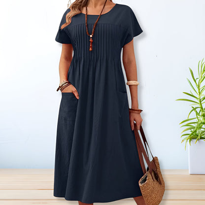 Damen Kleid | Falten Rundhals Midi