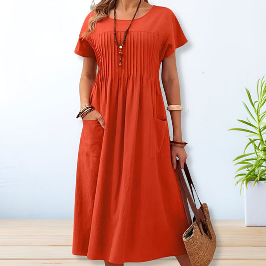 Damen Kleid | Falten Rundhals Midi