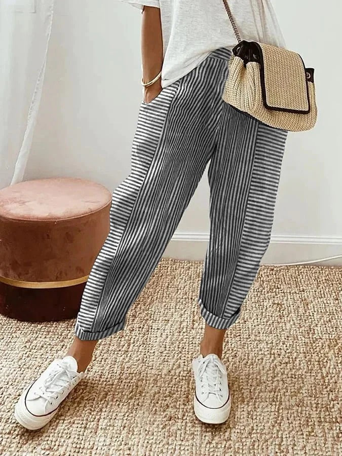 Damen Hosen | Gestreift mit Umschlagsaum