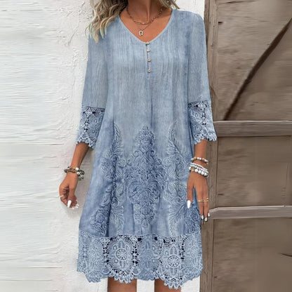Damen Kleid | Stickerei Dreiviertelärmel Midi